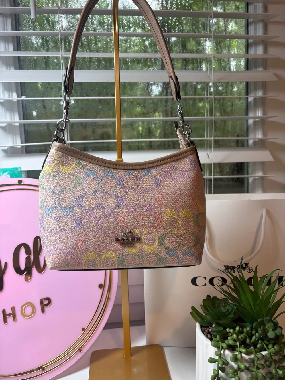 Coach Shoulder Bag in Light Blue and White with Gold Hardware